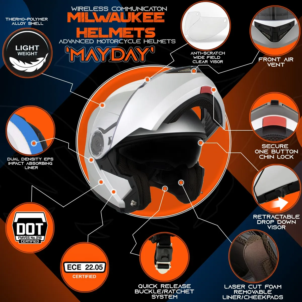 Milwaukee Helmets H7010 Flat Gray 'Mayday' Modular Motorcycle Helmet w/ Intercom - Built-in Speaker and Microphone for Men / Women