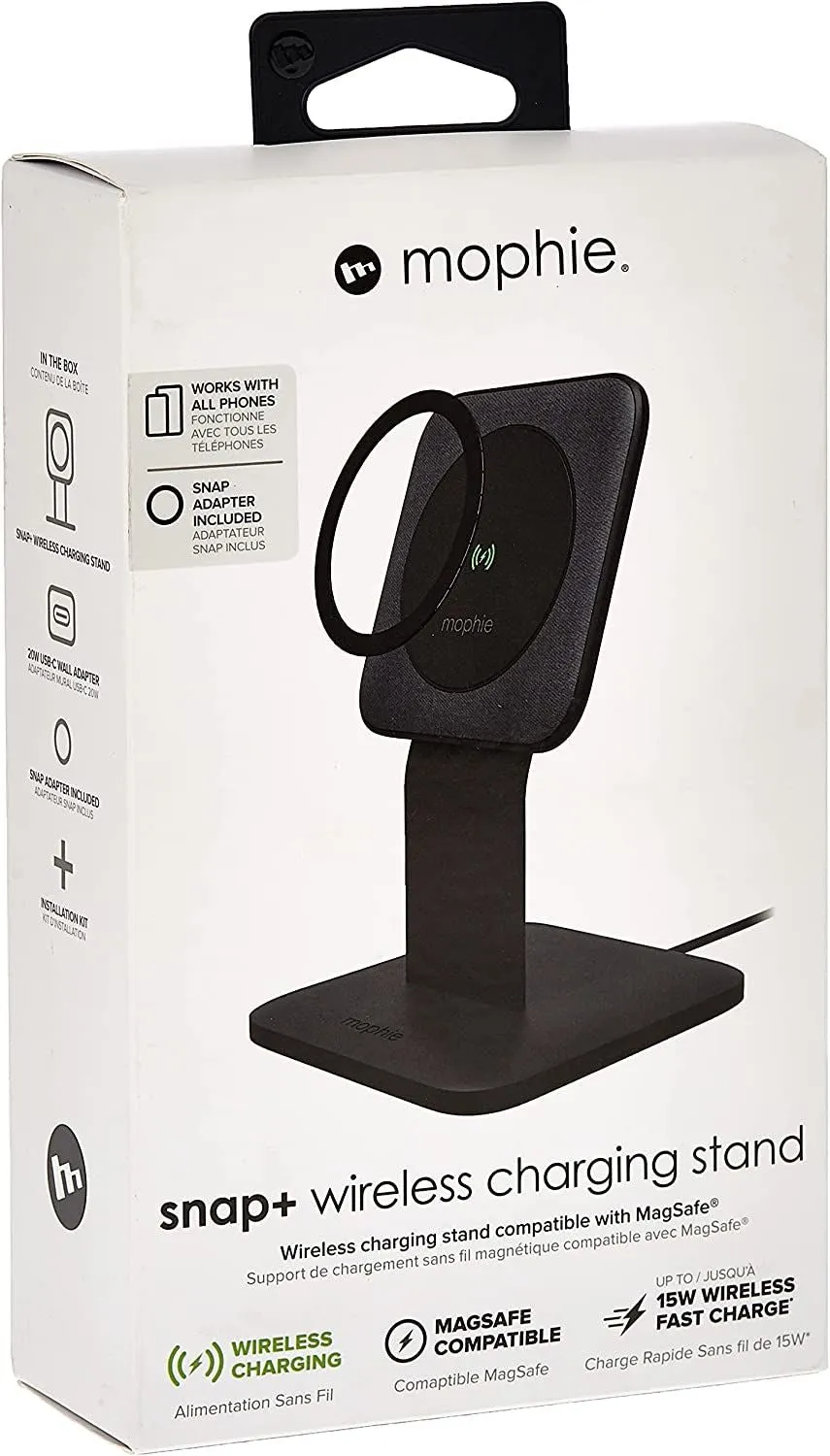 Mophie Qi 15W Snap  Wireless Charging Stand Black with 20W USB C UK Plug