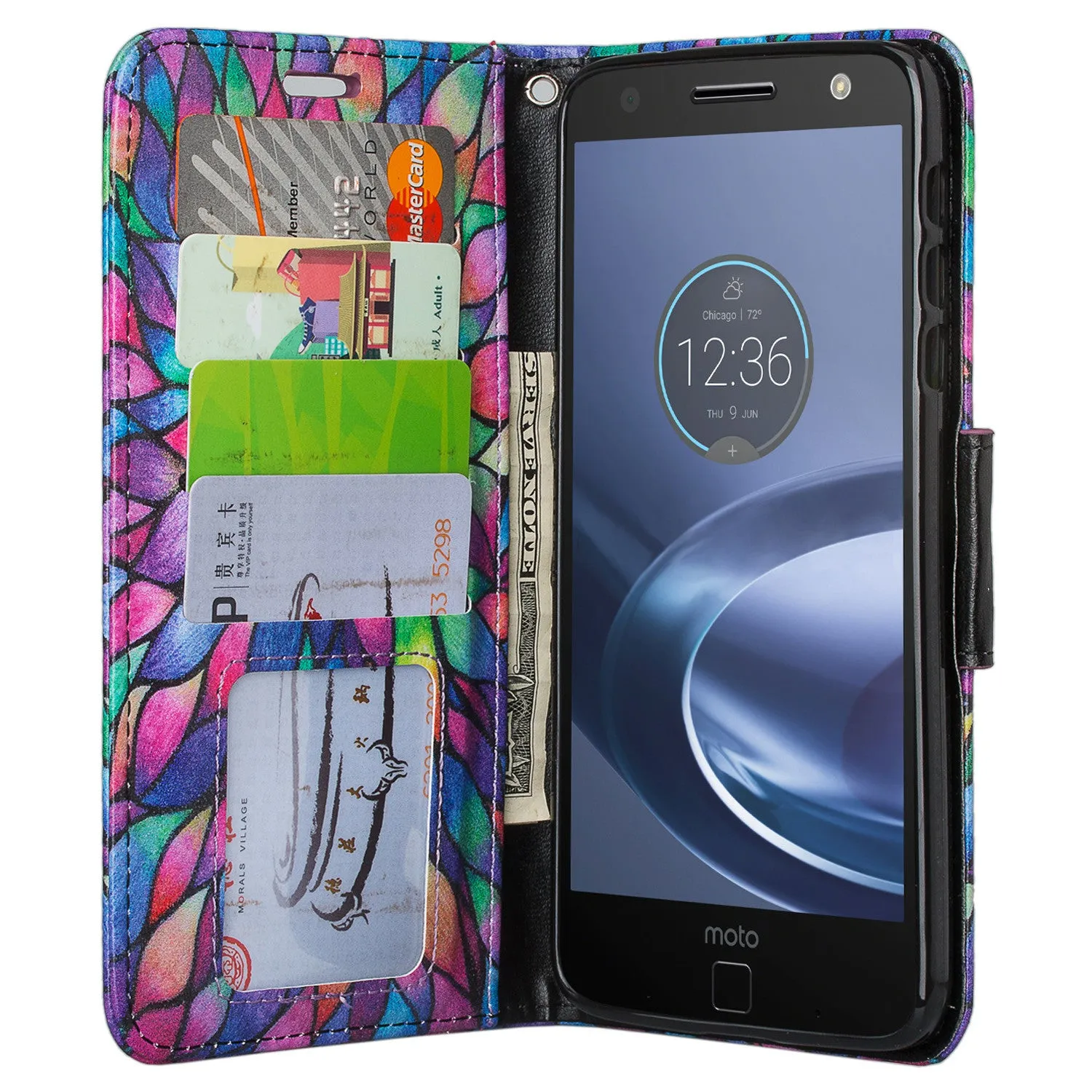 Moto Z Droid Case, Wrist Strap Flip Folio [Kickstand] Pu Leather Wallet Case with ID & Credit Card Slots & Money Pocket - Rainbow Flower