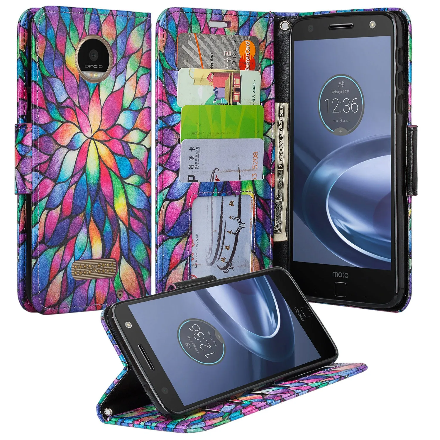 Moto Z Droid Case, Wrist Strap Flip Folio [Kickstand] Pu Leather Wallet Case with ID & Credit Card Slots & Money Pocket - Rainbow Flower