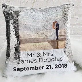 Mr & Mrs Personalized Wedding Sequin Pillow Case of Your Photo | Custom Magic Reversible Mermaid Sequin Throw