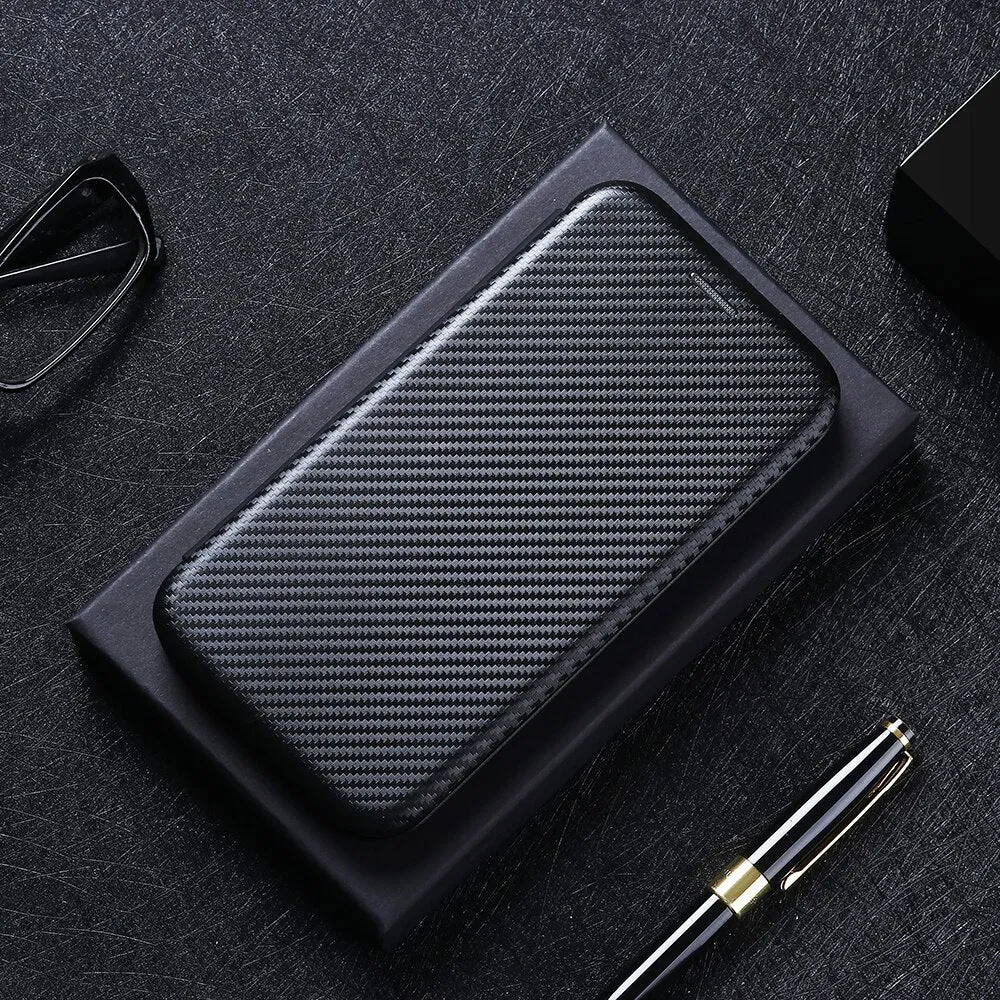 NEW - Carbon Fiber Flip Magnetic Leather Case