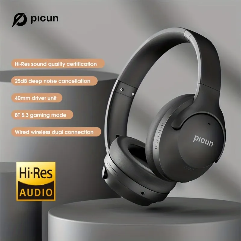 Picun ANC-05 Hybrid Active Noise Cancelling Headphones With Built-in Microphone, 100H Playing Time Hi-Res Audio & Deep Bass Wireless Over Ear Foldable Headphones For Travel, Home, Office, Gym