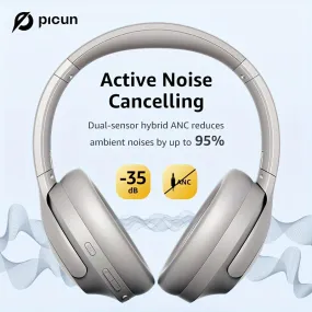 Picun ANC-05 Hybrid Active Noise Cancelling Headphones With Built-in Microphone, 100H Playing Time Hi-Res Audio & Deep Bass Wireless Over Ear Foldable Headphones For Travel, Home, Office, Gym