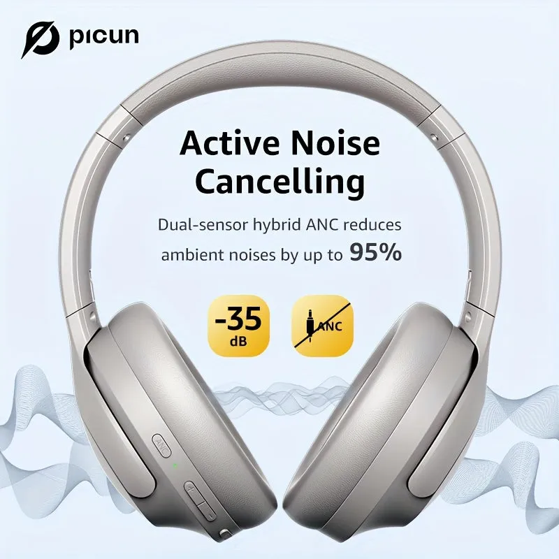 Picun ANC-05 Hybrid Active Noise Cancelling Headphones With Built-in Microphone, 100H Playing Time Hi-Res Audio & Deep Bass Wireless Over Ear Foldable Headphones For Travel, Home, Office, Gym