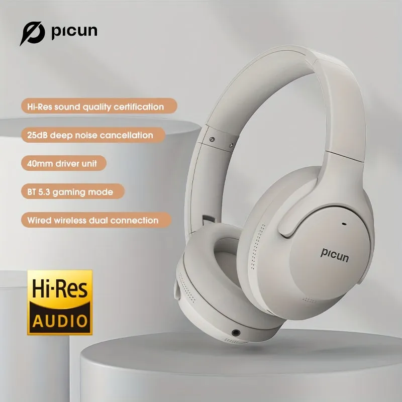 Picun ANC-05 Hybrid Active Noise Cancelling Headphones With Built-in Microphone, 100H Playing Time Hi-Res Audio & Deep Bass Wireless Over Ear Foldable Headphones For Travel, Home, Office, Gym