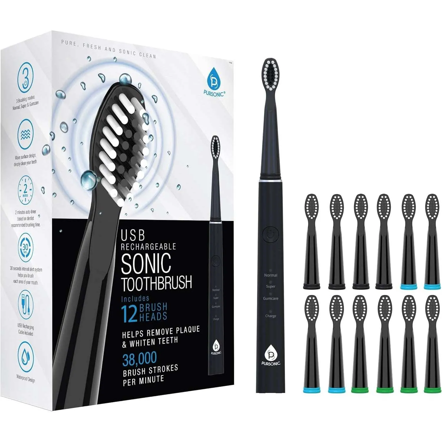 Pursonic USB Rechargeable Sonic toothbrush with 12 Brush Heads