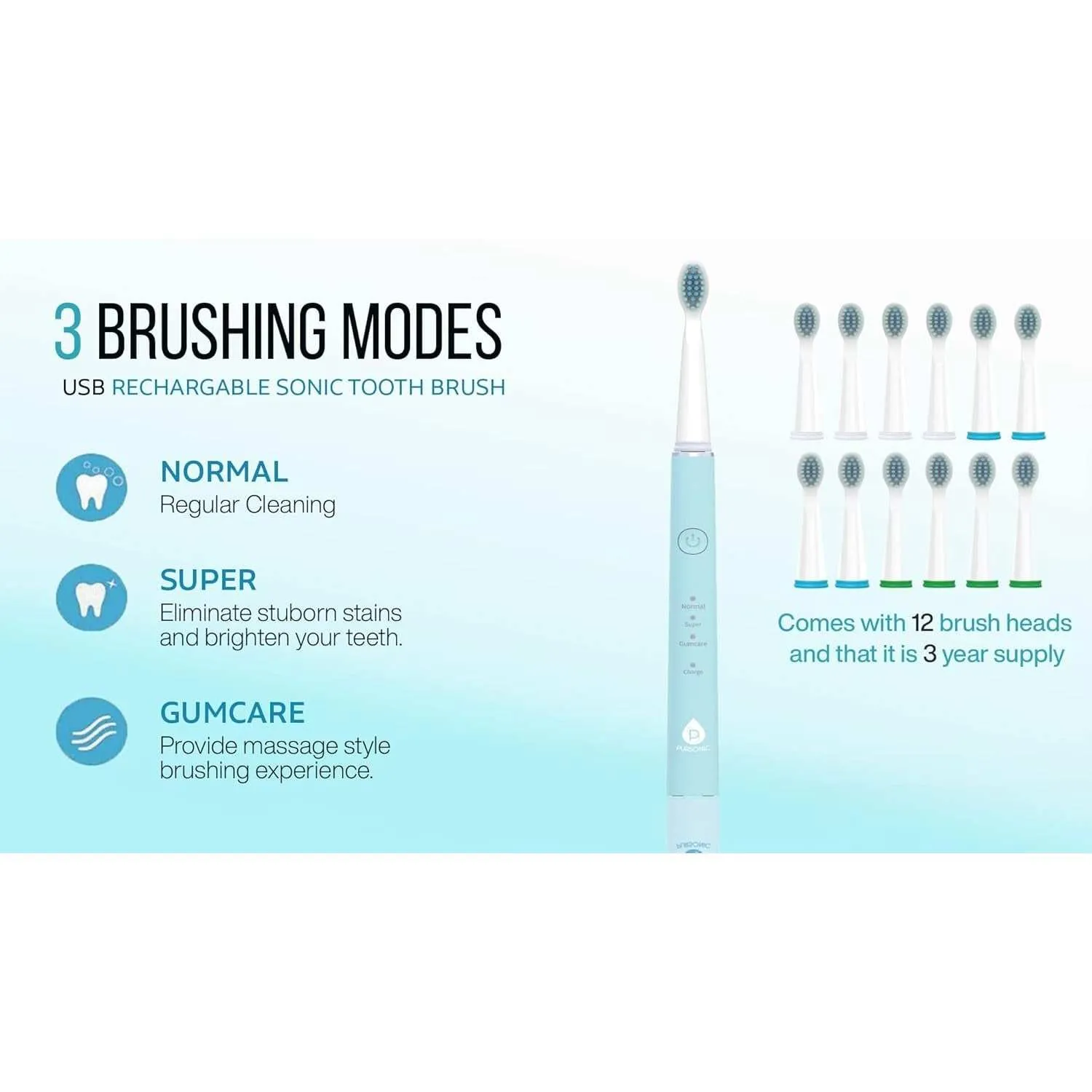 Pursonic USB Rechargeable Sonic toothbrush with 12 Brush Heads