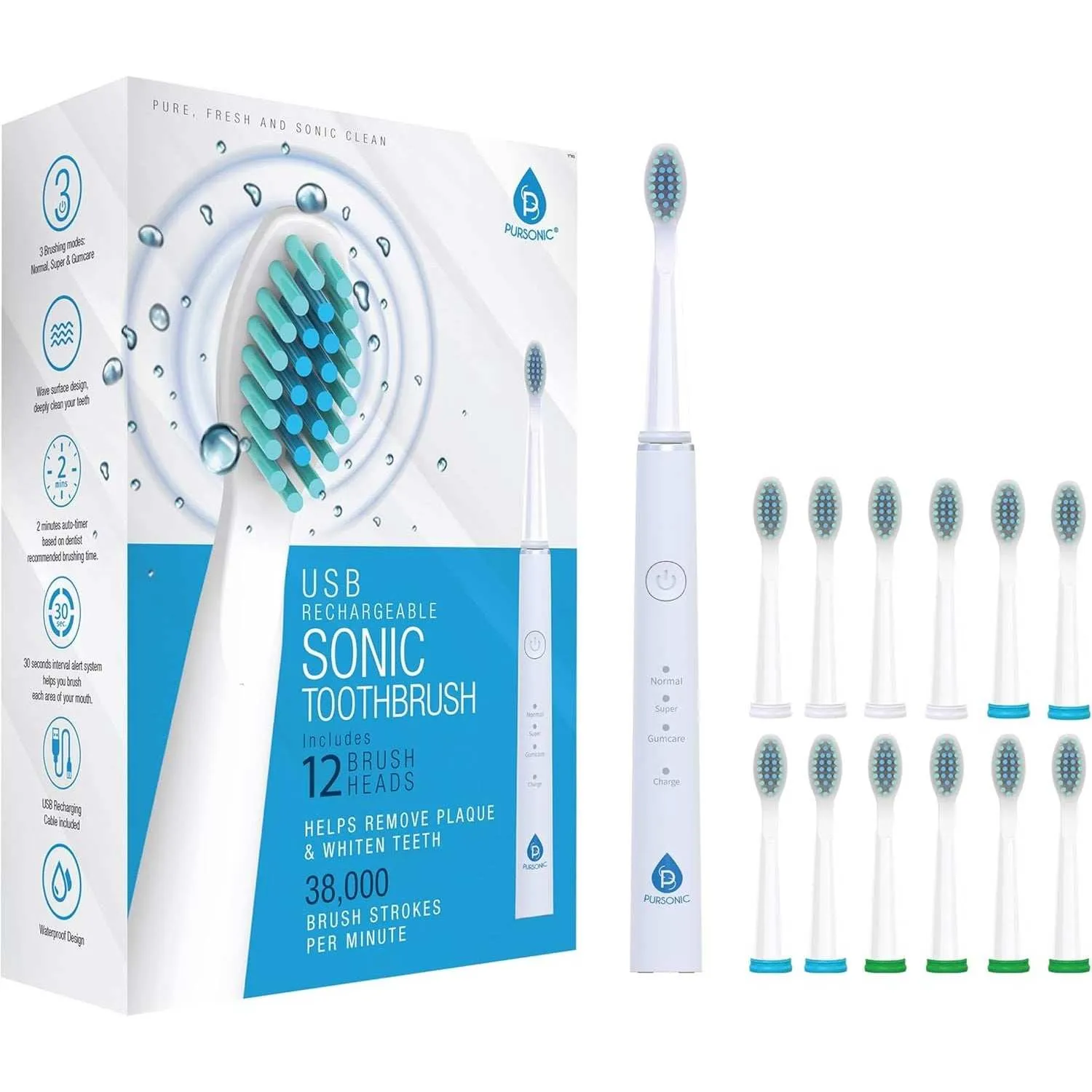 Pursonic USB Rechargeable Sonic toothbrush with 12 Brush Heads