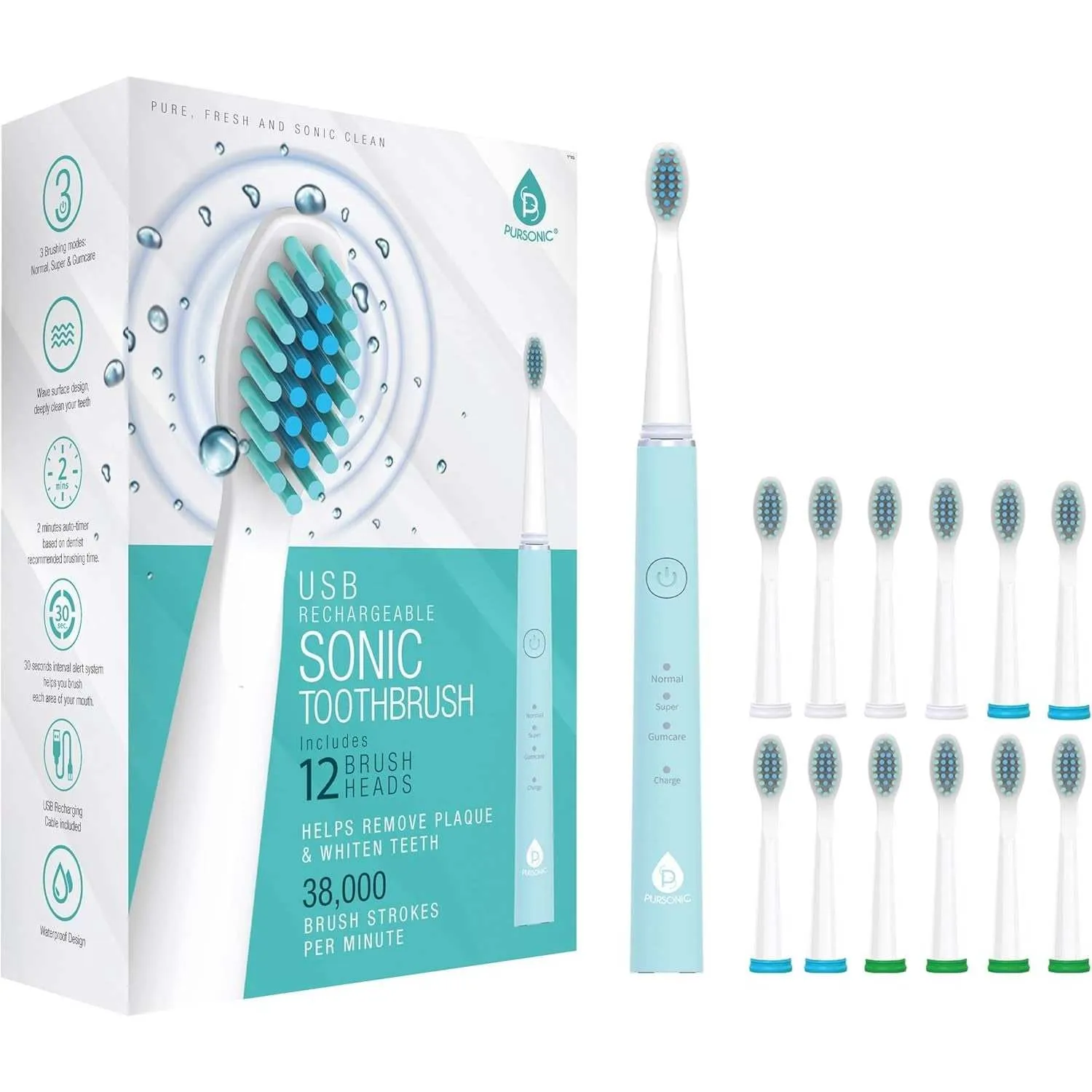 Pursonic USB Rechargeable Sonic toothbrush with 12 Brush Heads