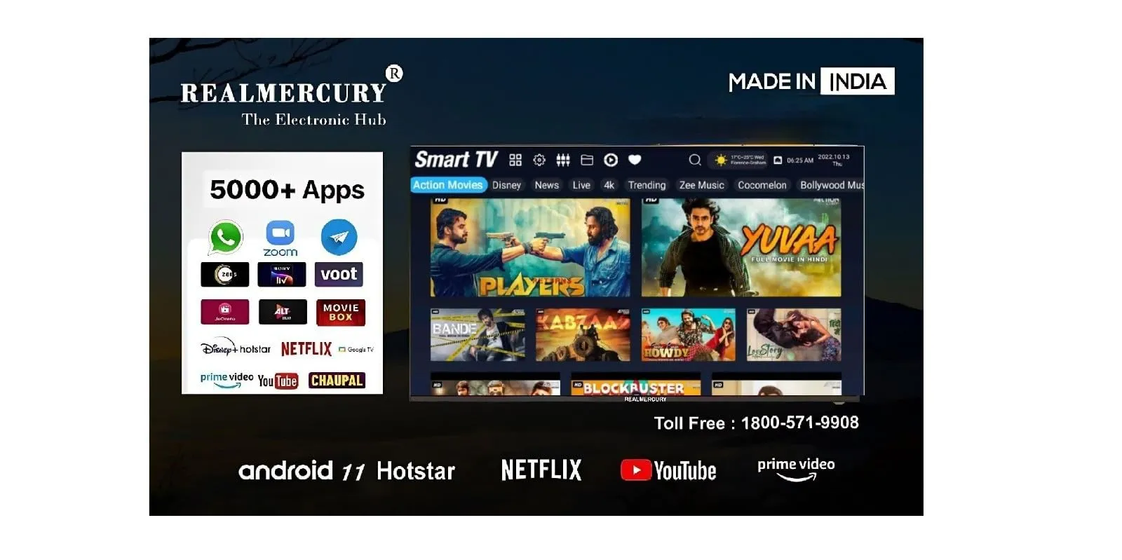 REALMERCURY 32 Inch 4K Ultra Full HD Android 11 with Voice Control Remot| Black | 220V | HHBG220 | 1920 * 1080 Pixel | A  Grade IPS Panel (First Time India)