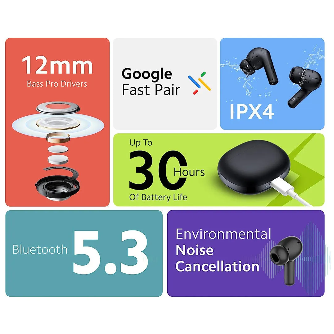 Redmi In Ear Buds 4 Active - 12Mm Bass Pro Drivers,Up To 30 Hours Long Battery Life,Google Fast Pair,Ipx4,Environmental Noise Cancellation,Up To 60Ms Low Latency Mode,App Support