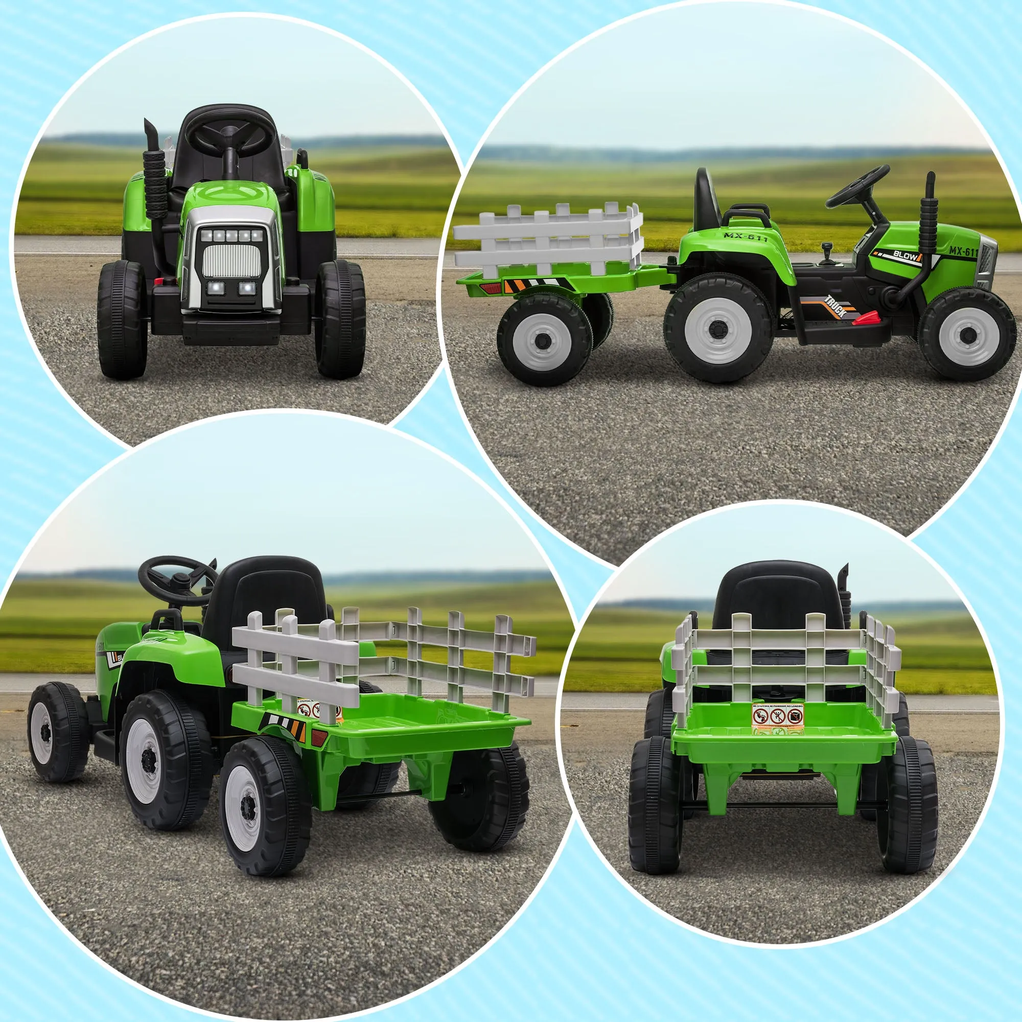 Ride On Tractor with Detachable Trailer, Remote Control, Music - Green