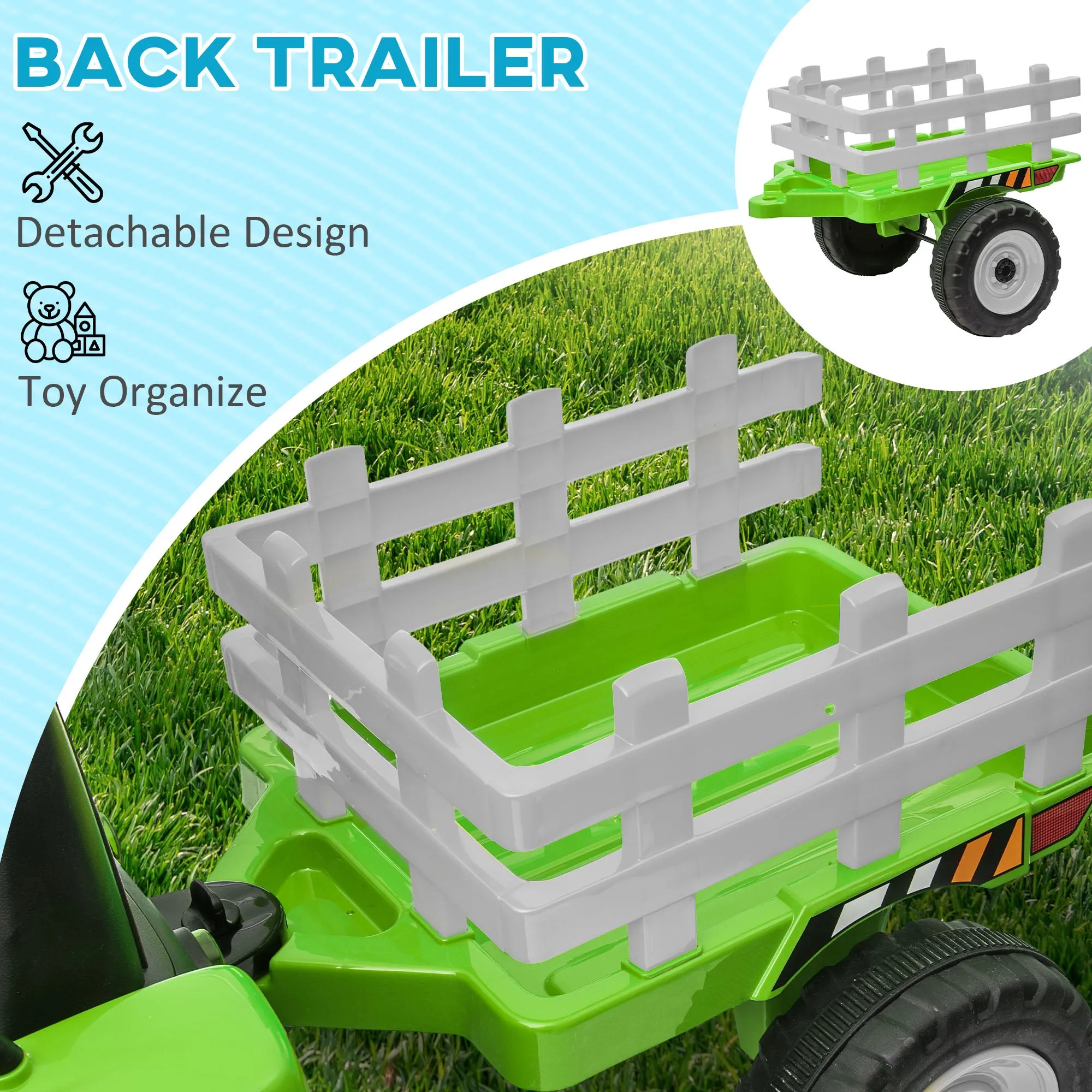 Ride On Tractor with Detachable Trailer, Remote Control, Music - Green