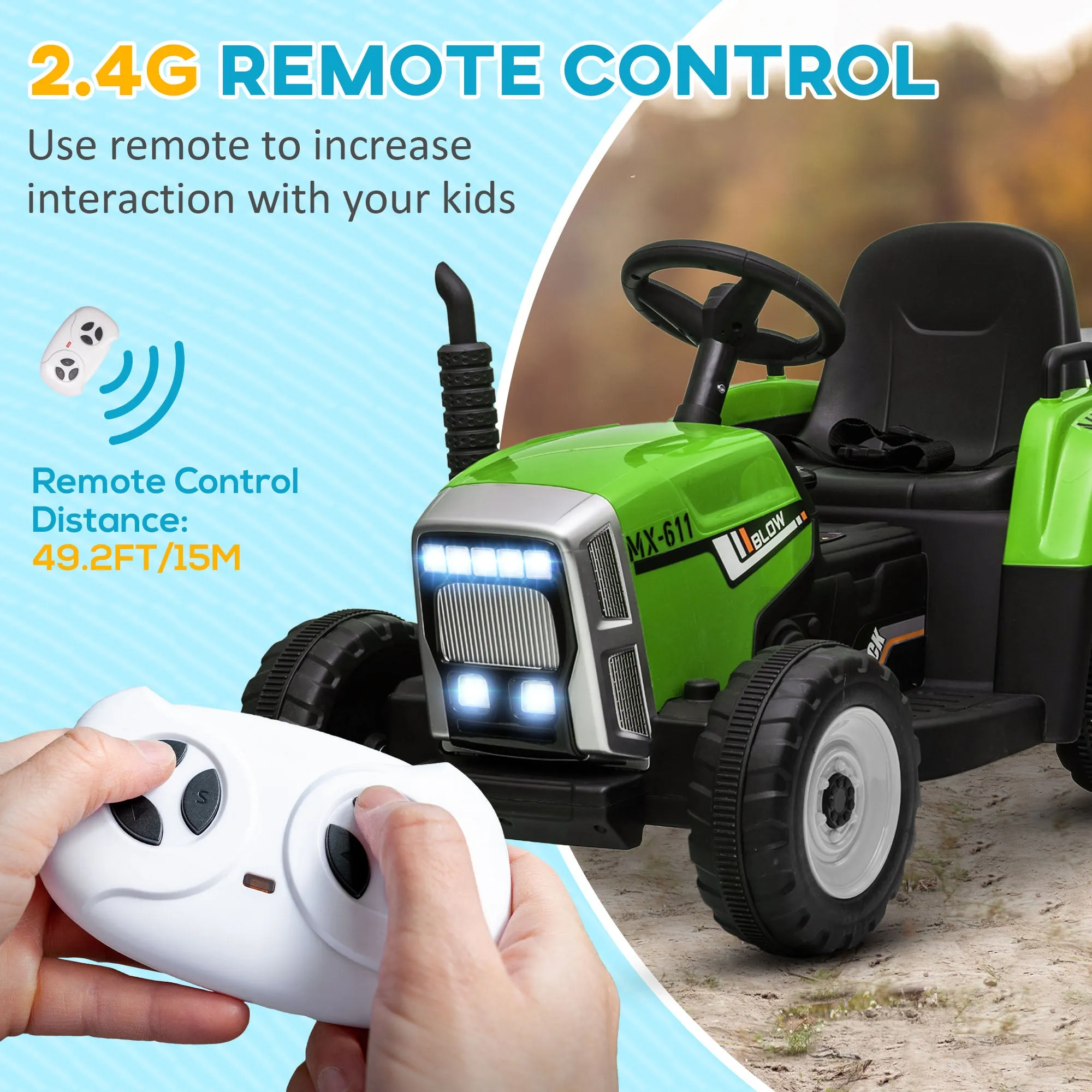 Ride On Tractor with Detachable Trailer, Remote Control, Music - Green