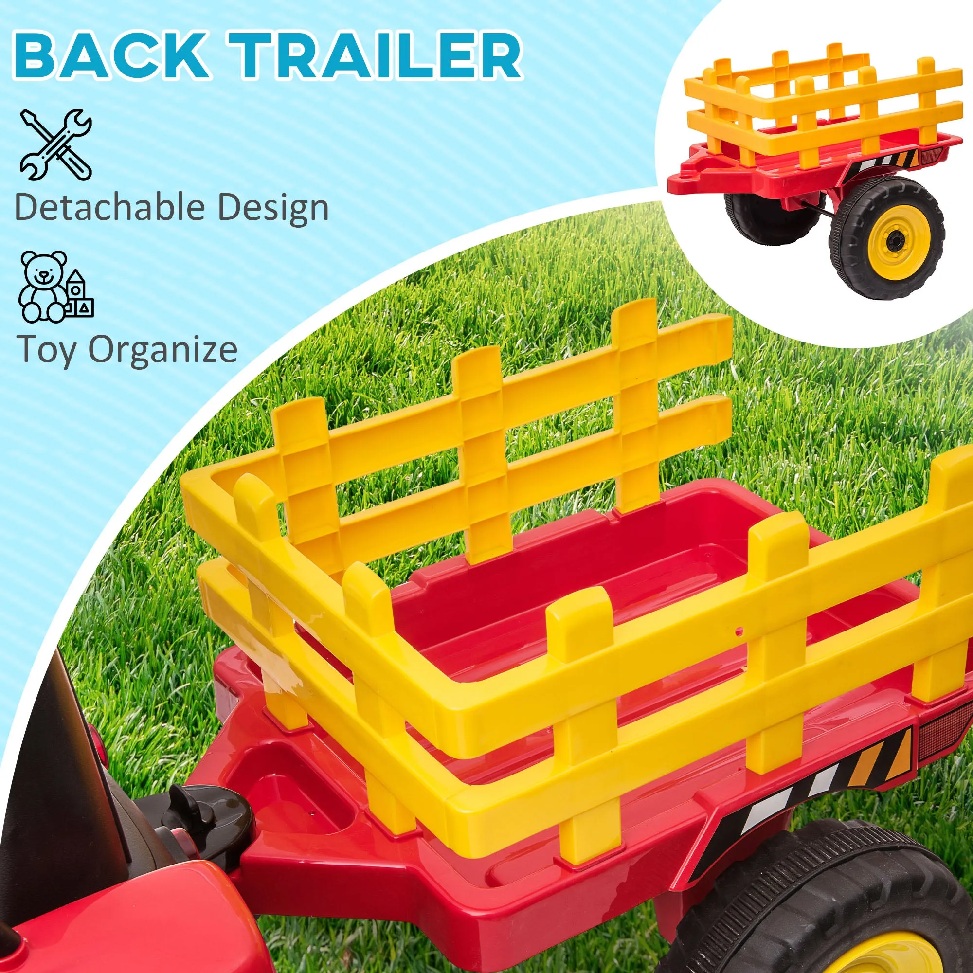 Ride On Tractor with Detachable Trailer, Remote Control, Music - Red