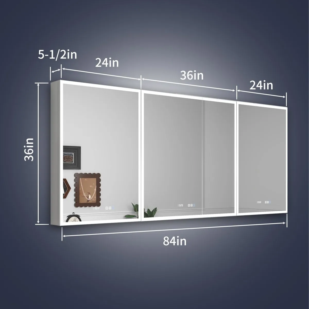 Rim 84" W x 36" H LED Lighted Medicine Cabinet Recessed or Surface with Mirrors,24-36-24