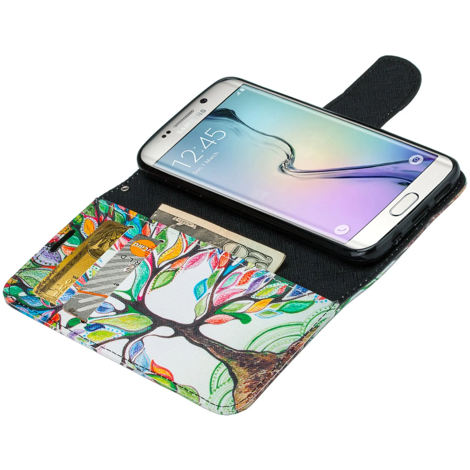 Samsung Galaxy S7 Wallet Case, Wrist Strap Pu Leather Magnetic Flip Fold[Kickstand] with ID & Card Slots for Galaxy S7 - Colorful Tree