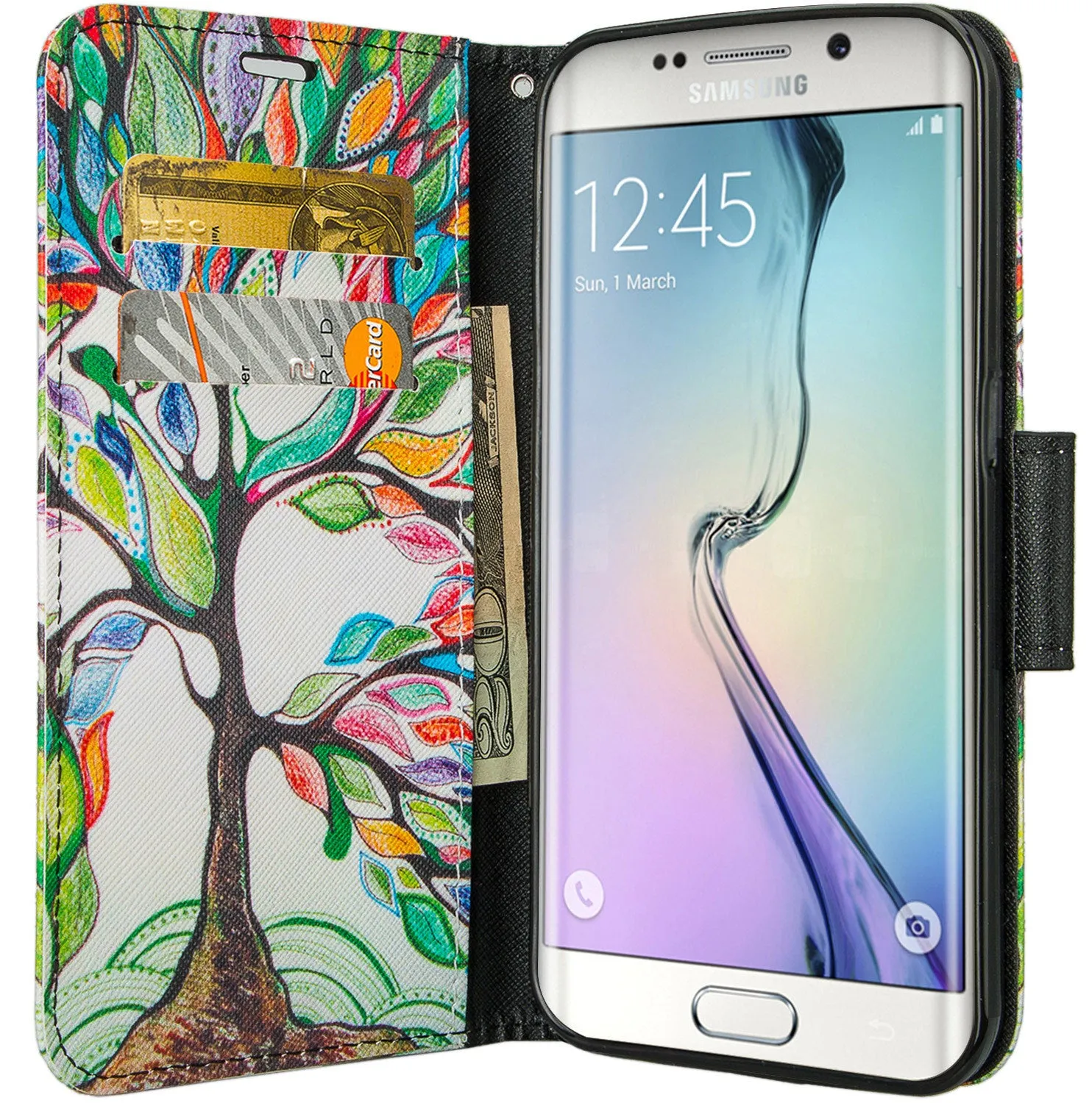 Samsung Galaxy S7 Wallet Case, Wrist Strap Pu Leather Magnetic Flip Fold[Kickstand] with ID & Card Slots for Galaxy S7 - Colorful Tree