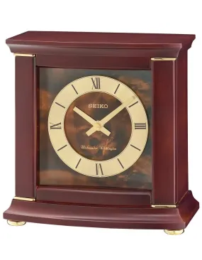 Seiko Chiming Desk Clock - Dark Brown Wood Case w/ Brass & Burlwood Accents