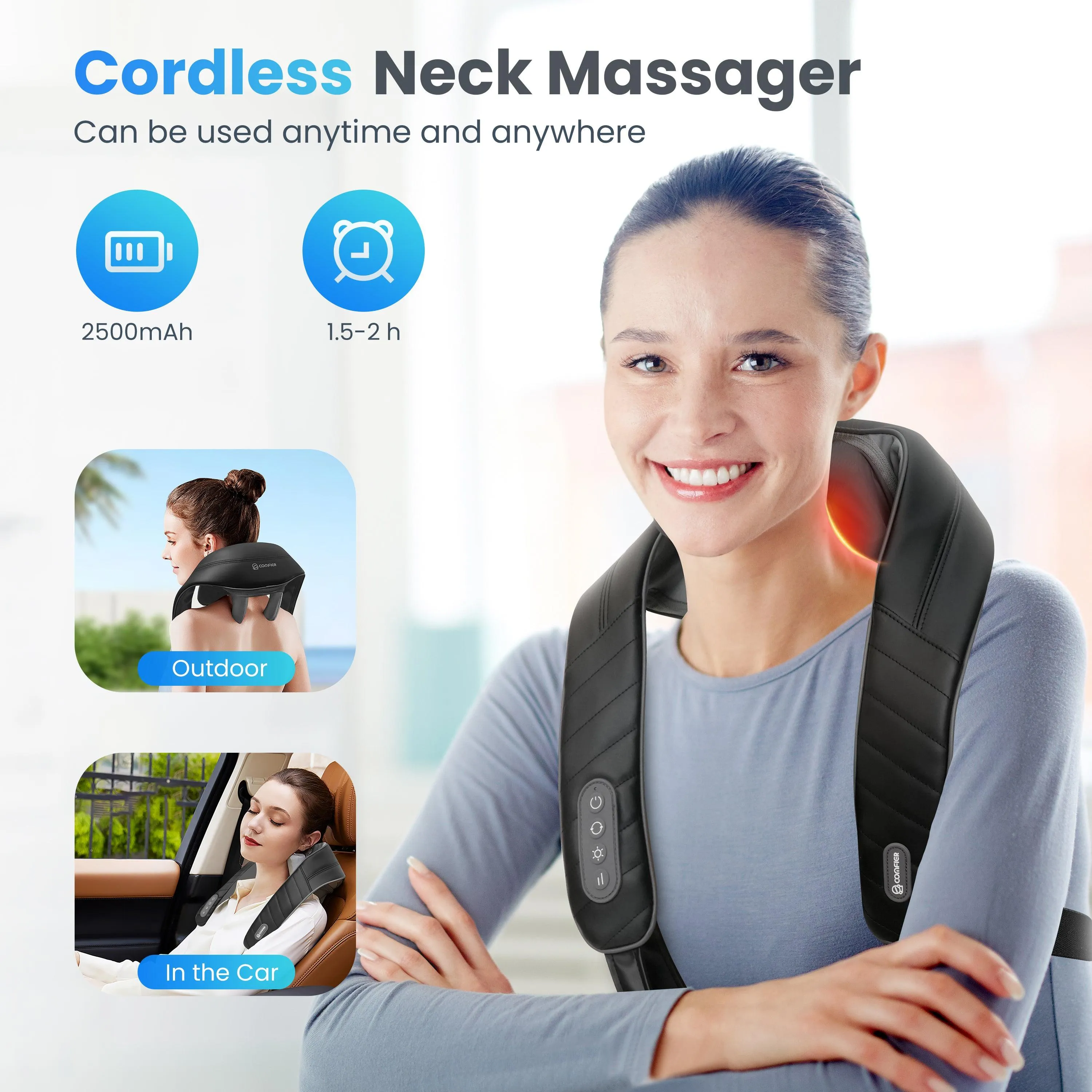 Shiatsu Neck and Shoulder Massager, 4D Deep Kneading Cordless Neck and Back Massager with Heat and Vibration CF-6811