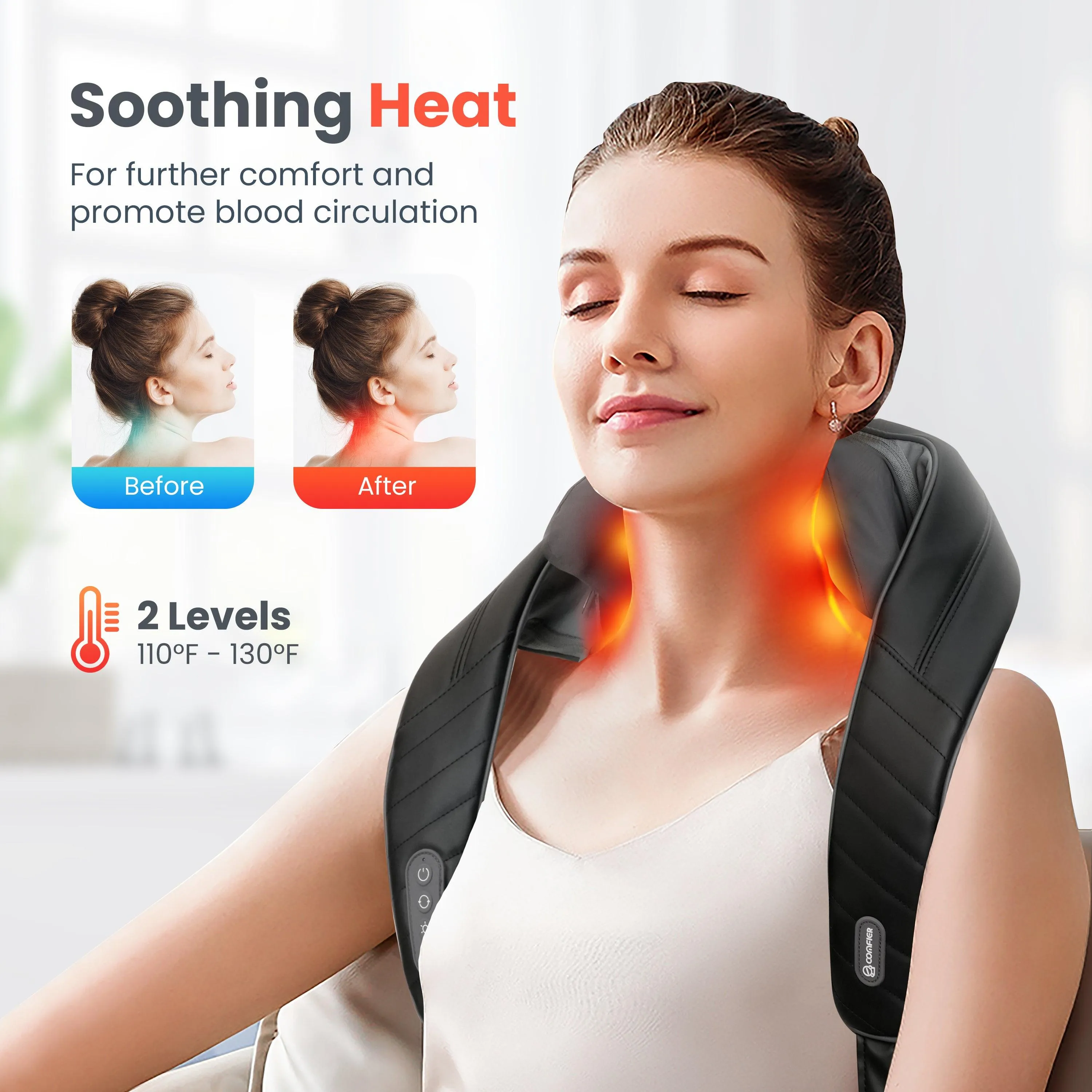 Shiatsu Neck and Shoulder Massager, 4D Deep Kneading Cordless Neck and Back Massager with Heat and Vibration CF-6811