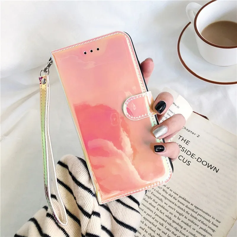 Shiny Reflective Bright Flip Wallet Phone Case for iPhone