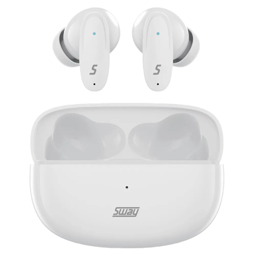 Sway Dual Microphone ENC Comfort Fit True Wireless Headphones with Power Go Charging Case White by Sway