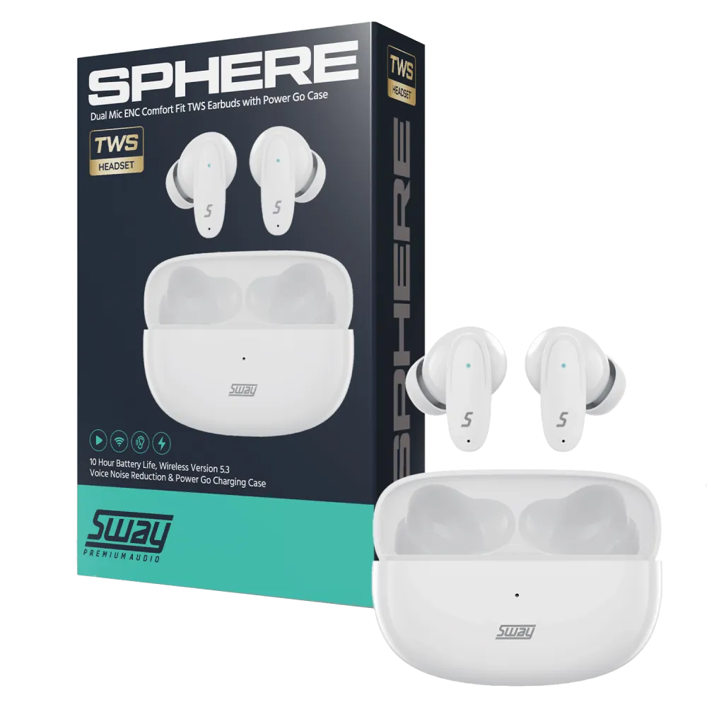 Sway Dual Microphone ENC Comfort Fit True Wireless Headphones with Power Go Charging Case White by Sway