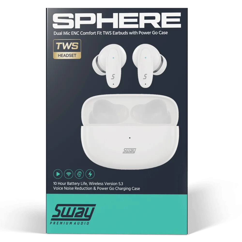 Sway Dual Microphone ENC Comfort Fit True Wireless Headphones with Power Go Charging Case White by Sway