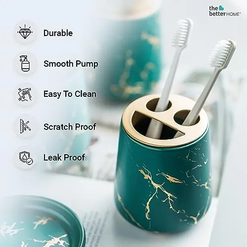 The Better Home 4pcs Ceramic Bathroomware Bathroom Liquid soap Dispenser Set Green Toothbrush Holder and Tumbler (Set of 4)