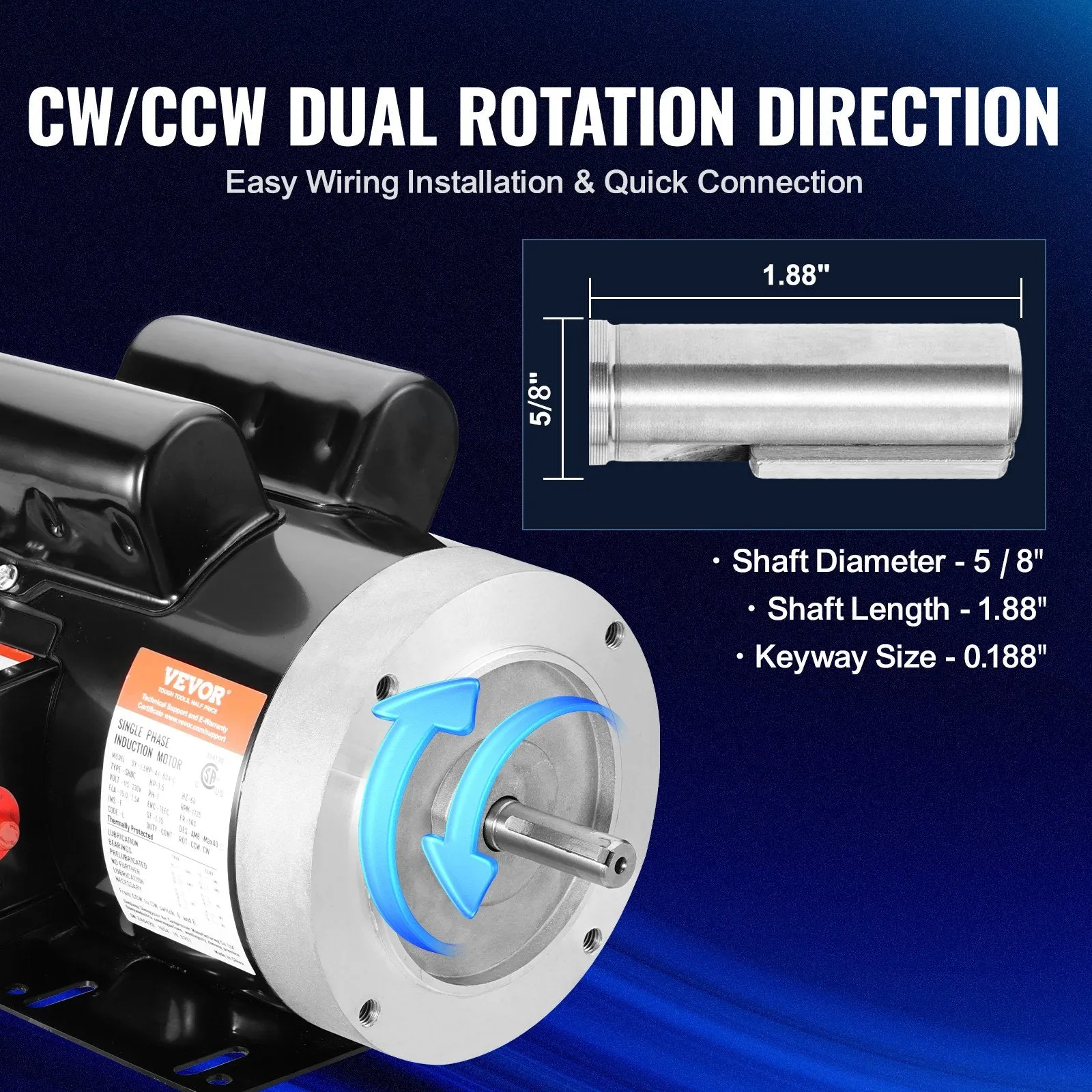 Vevor 1.5HP Electric Motor 1725 RPM CW/CCW Rotation 5/8" Keyed Shaft Single Phase AC115V/230V New