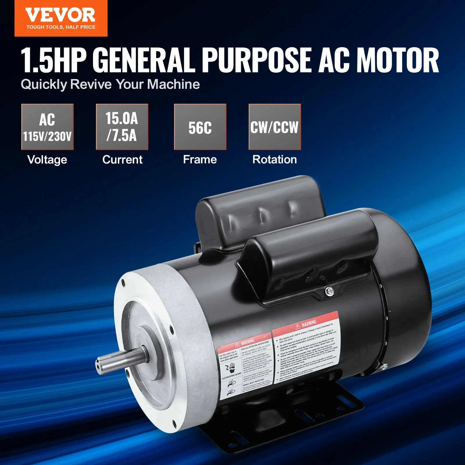 Vevor 1.5HP Electric Motor 1725 RPM CW/CCW Rotation 5/8" Keyed Shaft Single Phase AC115V/230V New