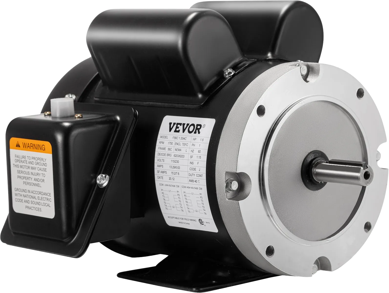 Vevor Electric Motor 56C Frame 1.5 HP Single Phase TEFC 115/230V New