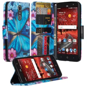 ZTE Blade Spark Z971, ZTE ZMAX One, ZTE Grand X4, X 4 Case, Wrist Strap Pu Leather Magnetic Flip [Kickstand] Wallet Cover with Slots - Midnight Butterflies