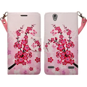 ZTE Lever LTE | Z936L Case, Slim Wrist Strap Magnetic Flip Wallet Kickstand Cover - Cherry Blossom