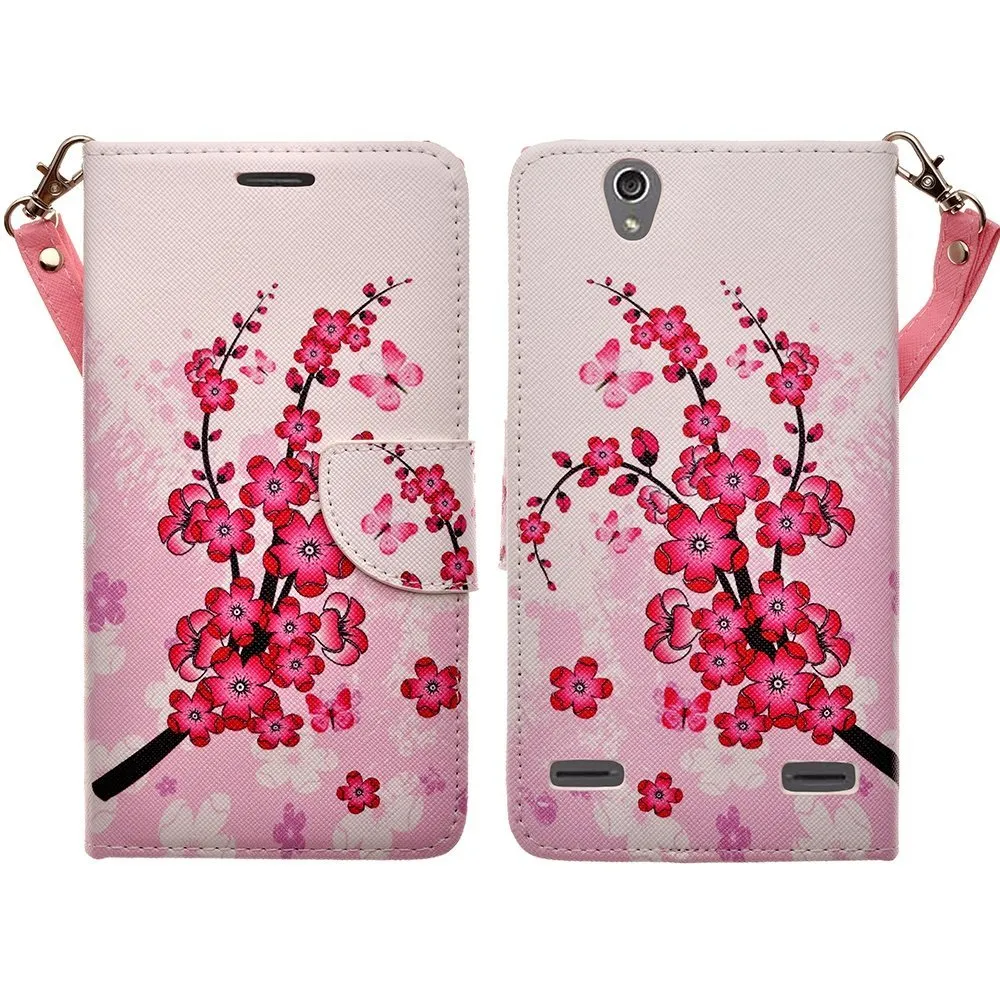 ZTE Lever LTE | Z936L Case, Slim Wrist Strap Magnetic Flip Wallet Kickstand Cover - Cherry Blossom